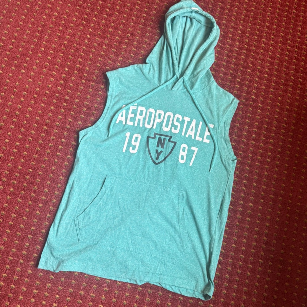 Aeropostale Sleeveless Hoodie Mens Small Teal EUC Graphic Gym Shirt 3875